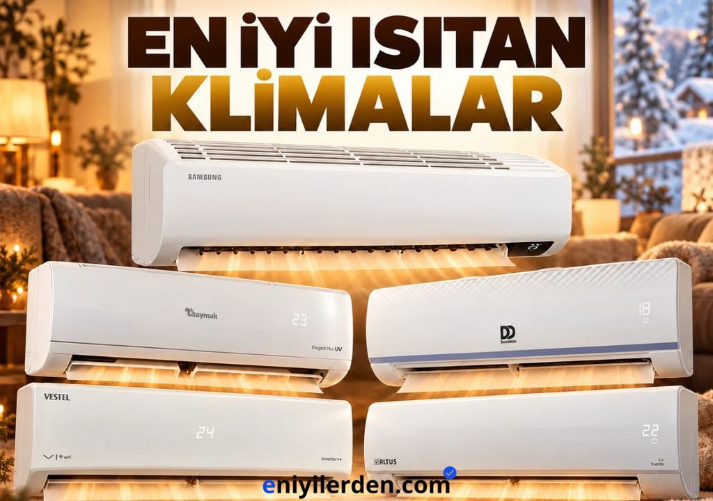 Sıcak tonlu bir salon arka planında Samsung, Baymak, Demirdöküm, Vestel ve Altus klimaların karşılaştırmalı görseli.