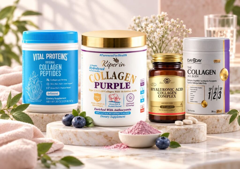 Kiperin Purple Collagen, Vital Proteins Collagen Peptides, Solgar Hyaluronic Acid Collagen Complex ve DAY2DAY The Collagen All Body ürünlerinin bir arada gösterildiği kolajen karşılaştırma görseli.