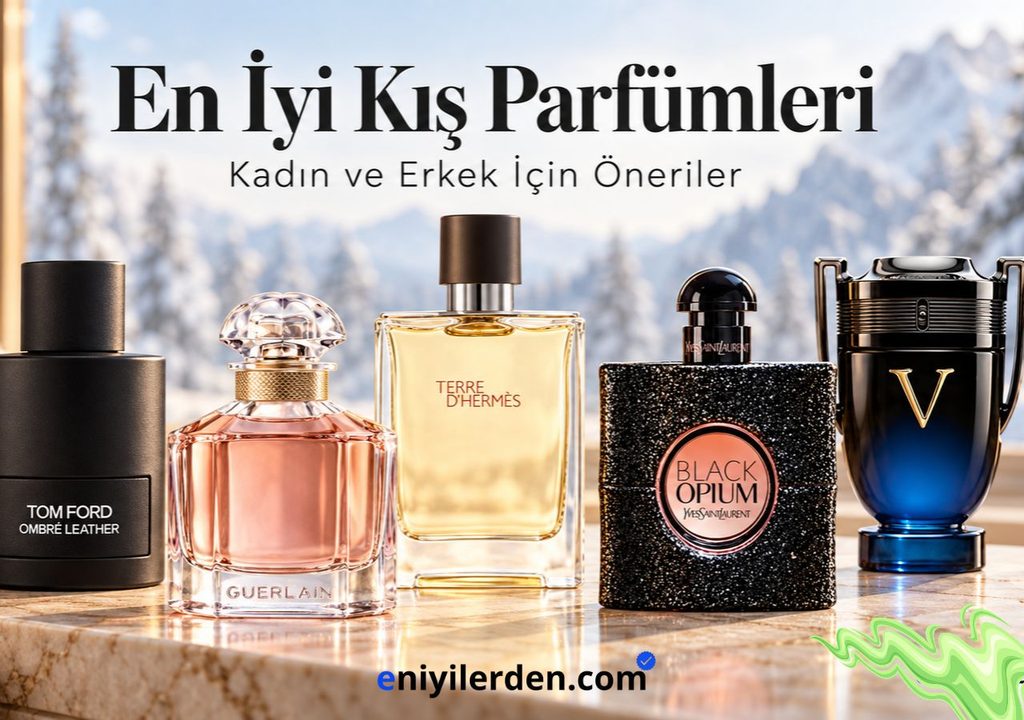 Karlı manzara önünde Tom Ford, Guerlain, Hermès, Yves Saint Laurent ve Rabanne şişelerinin yer aldığı kış parfümleri kapak görseli.